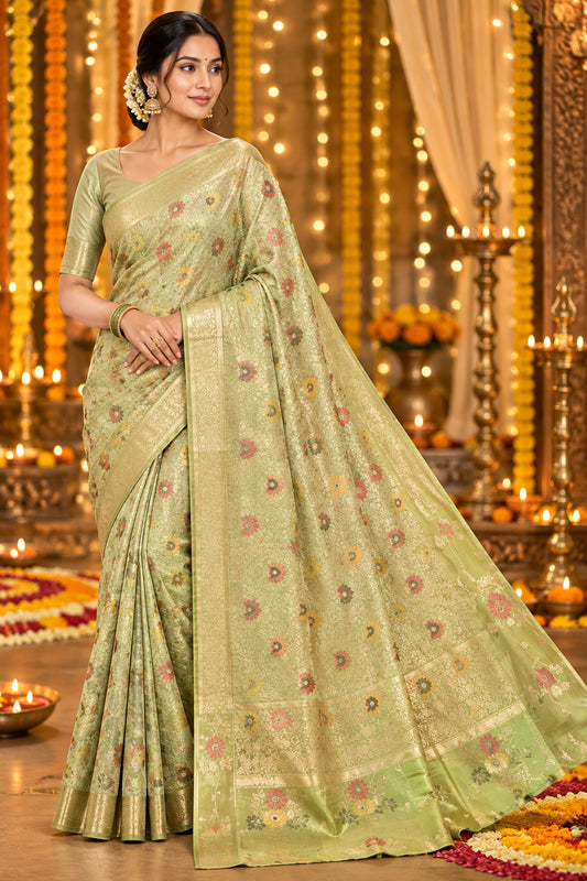 Light Sage Green Chinnon Silk Saree- Banaras