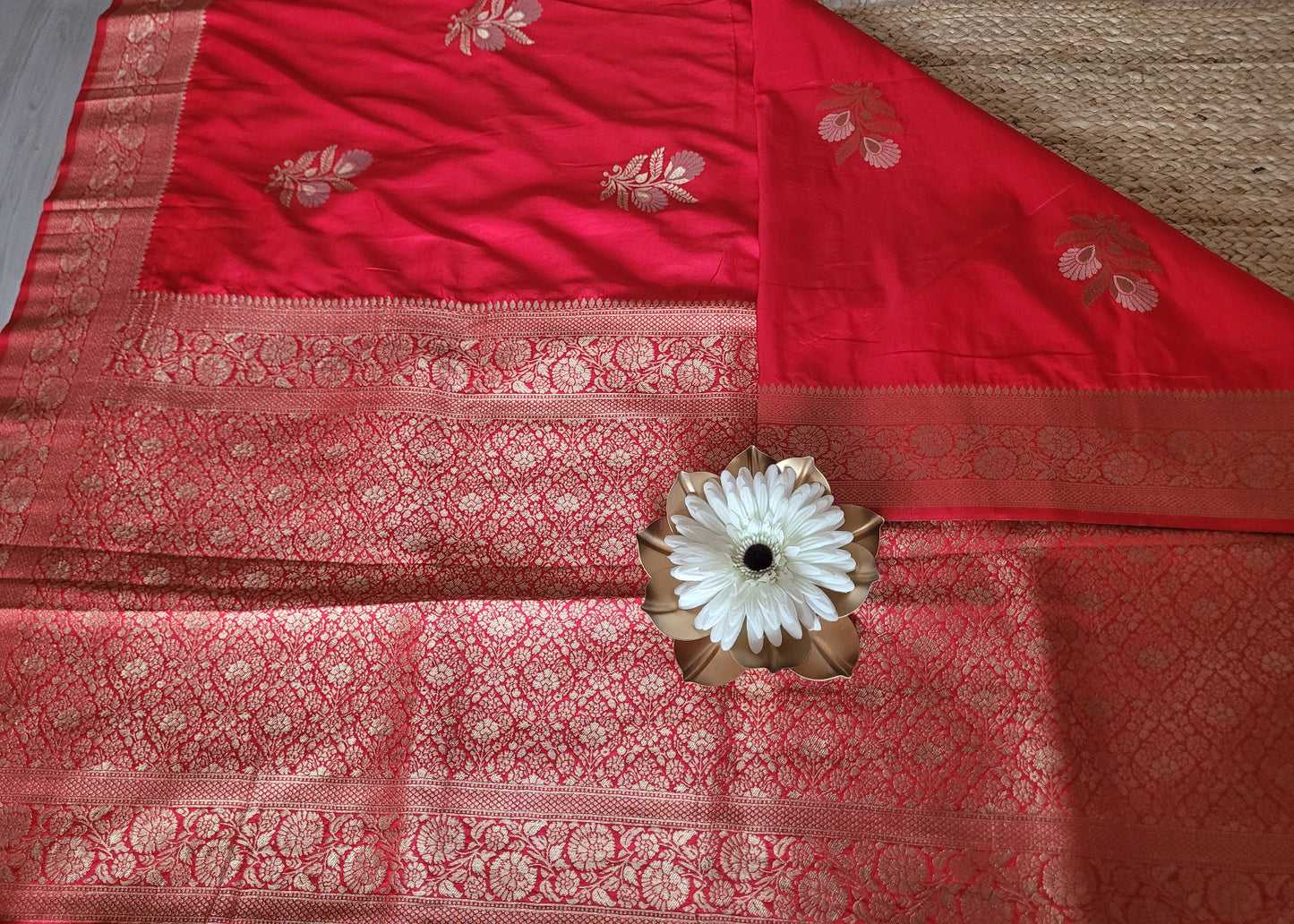 Bright Red Raw Mango Silk Saree- Banaras