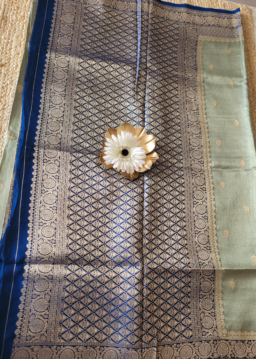 Grey And  Royal Blue Mushru Silk- Banaras