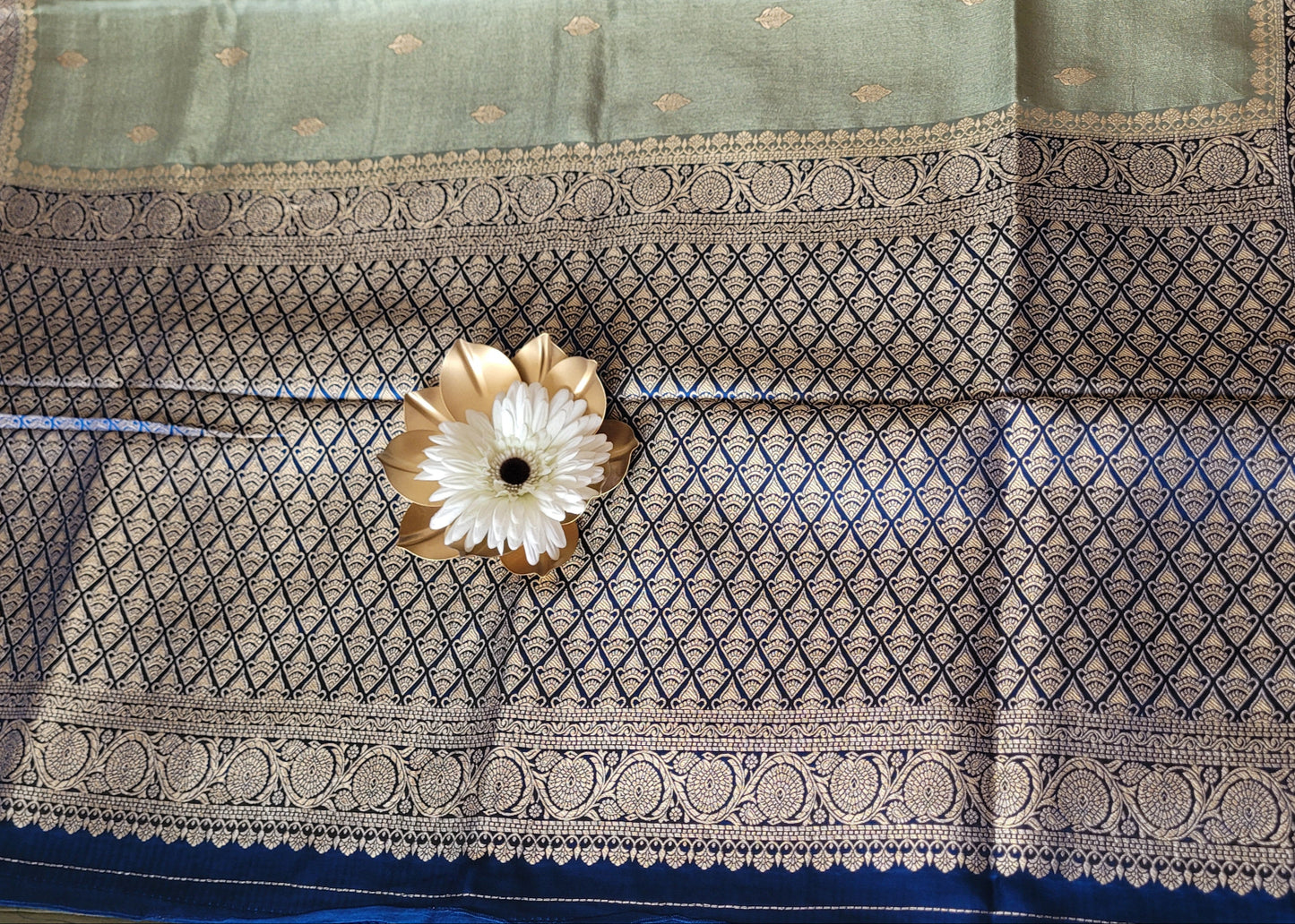 Grey And  Royal Blue Mushru Silk- Banaras