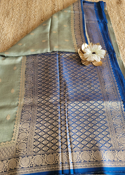 Grey And  Royal Blue Mushru Silk- Banaras