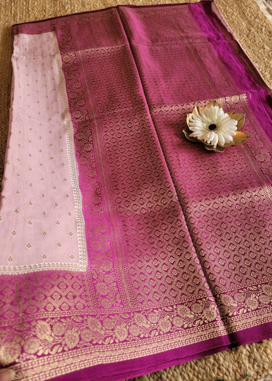 Baby Pink And Majenta Mushru Silk Saree- Banaras