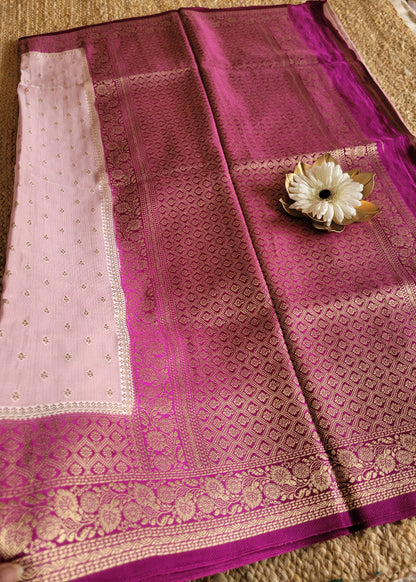 Baby Pink And Majenta Mushru Silk Saree- Banaras