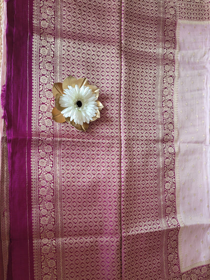 Baby Pink And Majenta Mushru Silk Saree- Banaras