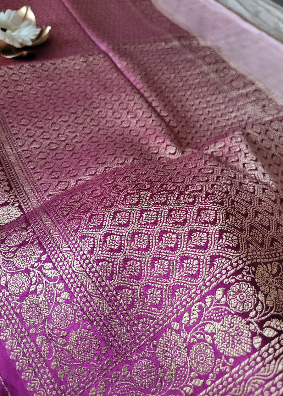 Baby Pink And Majenta Mushru Silk Saree- Banaras