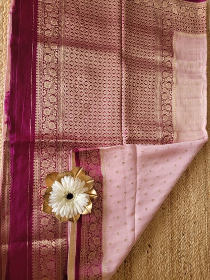 Baby Pink And Majenta Mushru Silk Saree- Banaras