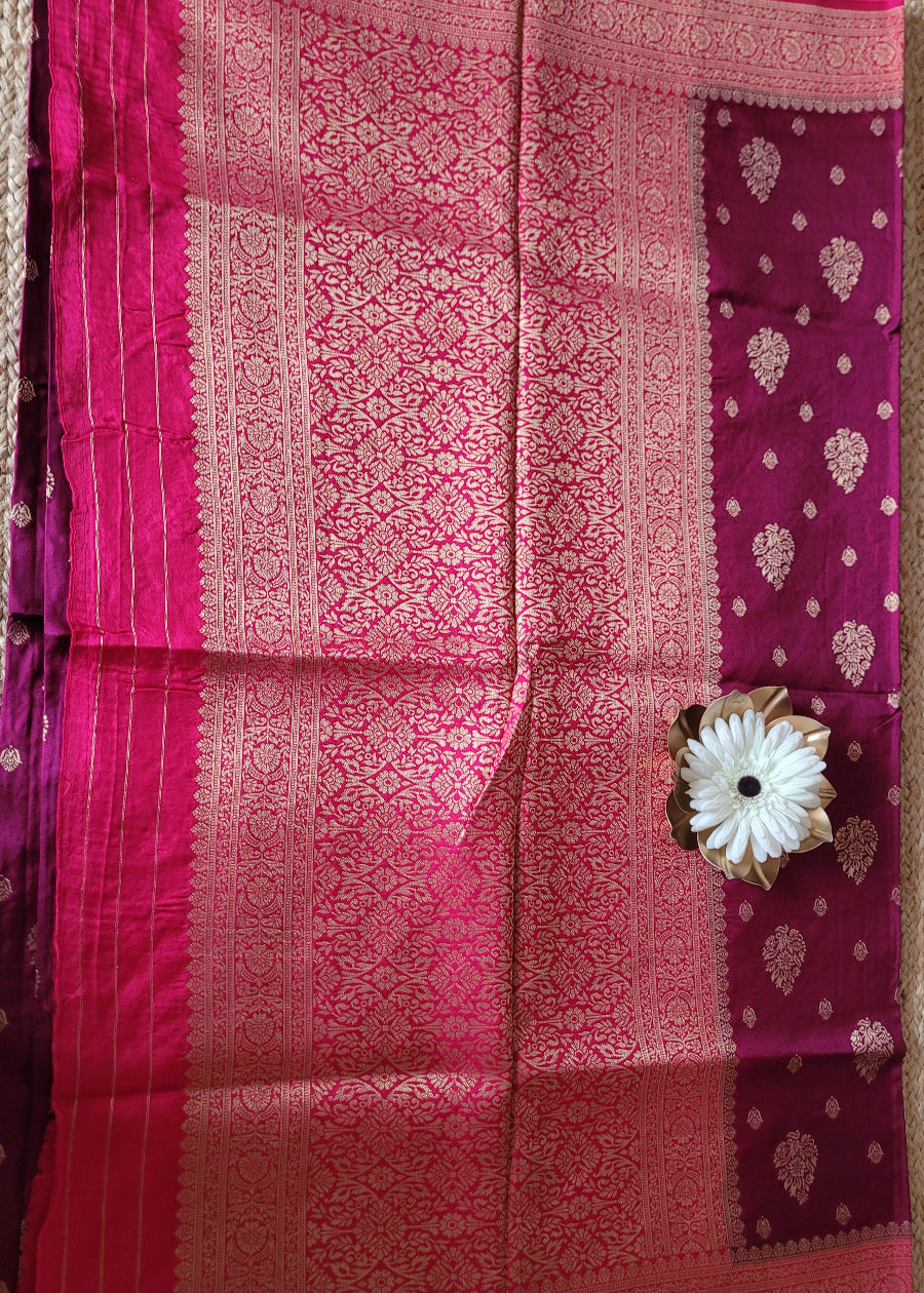 Wine And Fuchsia Pink Colour Tussar Saree- Banaras