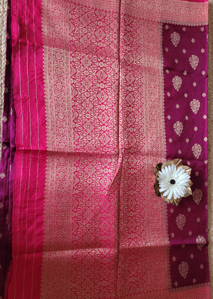 Wine And Fuchsia Pink Colour Tussar Saree- Banaras