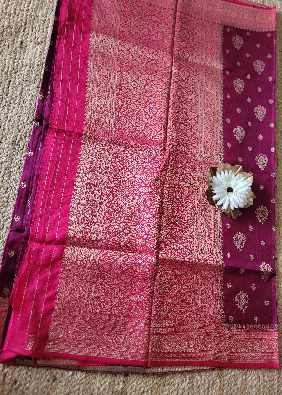 Wine And Fuchsia Pink Colour Tussar Saree- Banaras