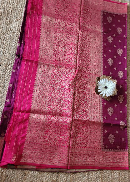 Wine And Fuchsia Pink Colour Tussar Saree- Banaras
