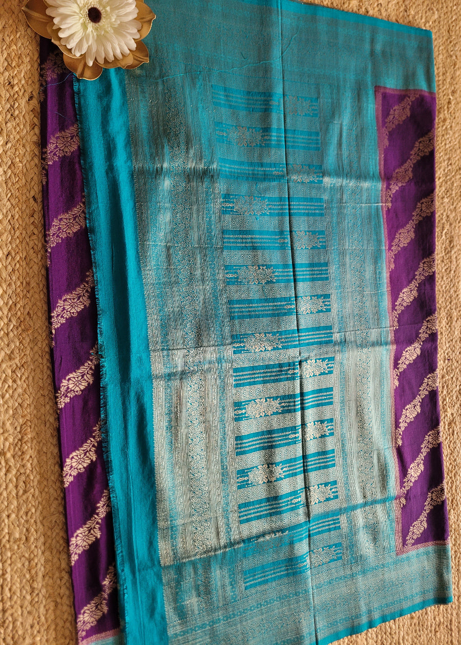 Dark Violet And Coppersulphate Blue Tussar Silk- Banaras