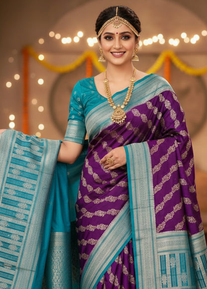 Dark Violet And Coppersulphate Blue Tussar Silk- Banaras
