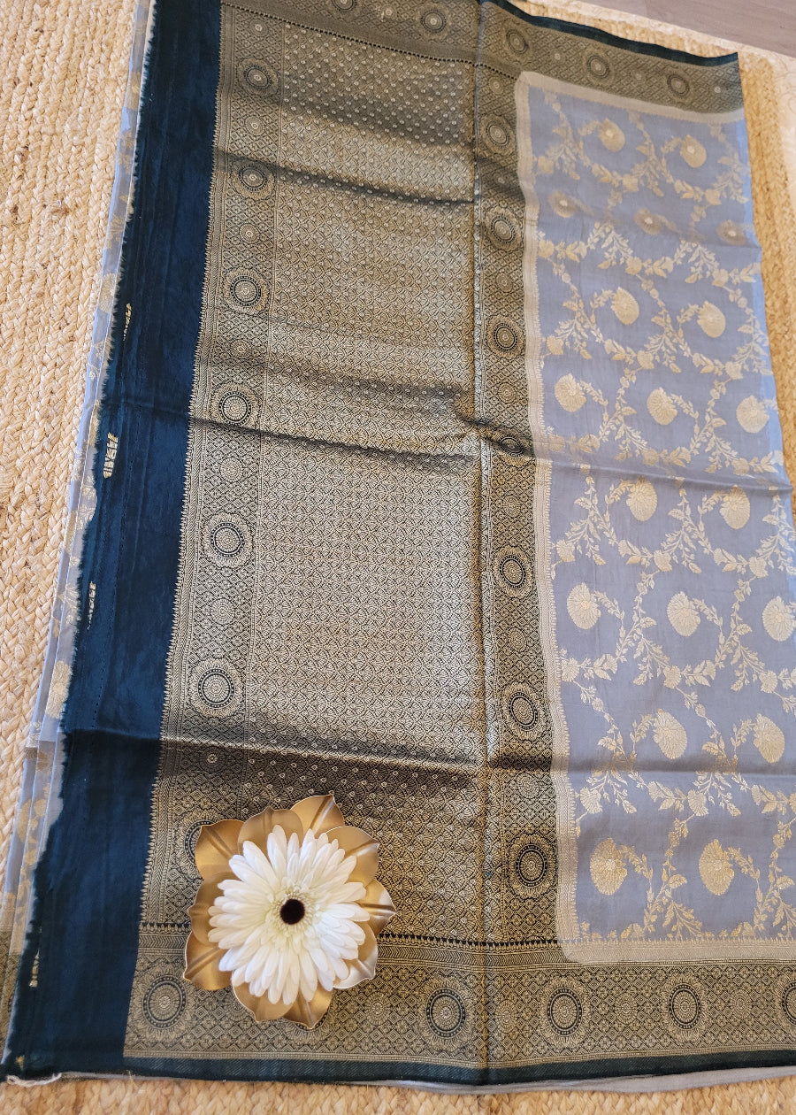 Silvery Grey And Bottle Green Mushru Silk Saree- Banaras