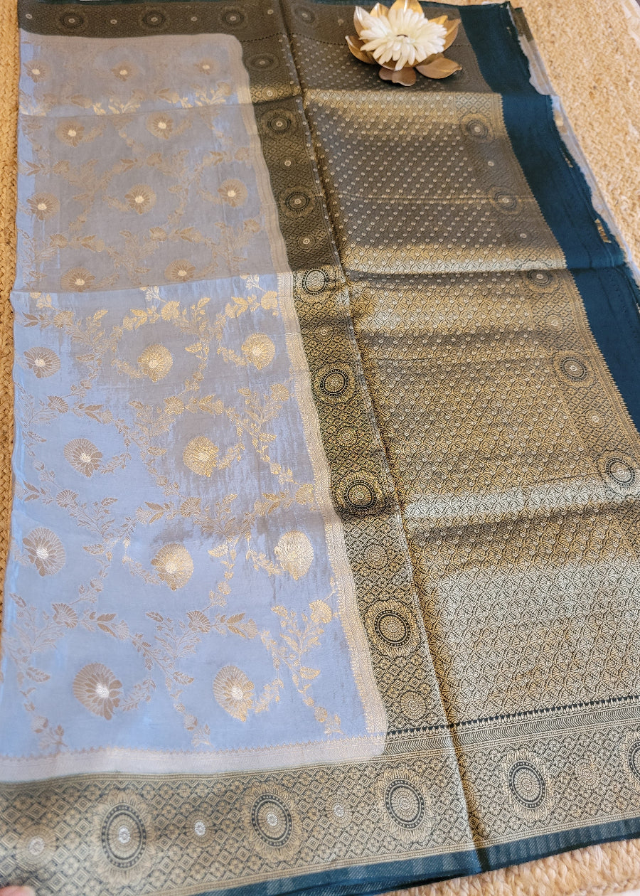 Silvery Grey And Bottle Green Mushru Silk Saree- Banaras