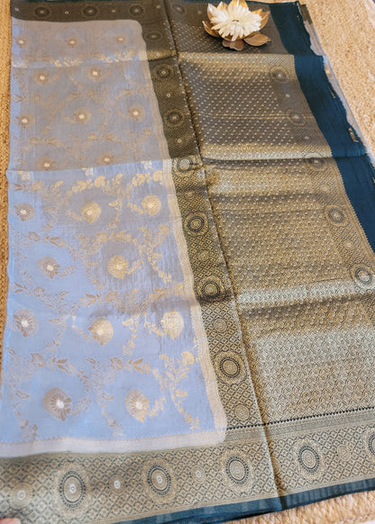 Silvery Grey And Bottle Green Mushru Silk Saree- Banaras