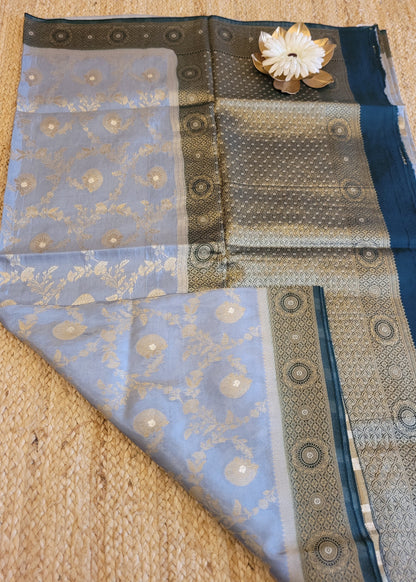Silvery Grey And Bottle Green Mushru Silk Saree- Banaras