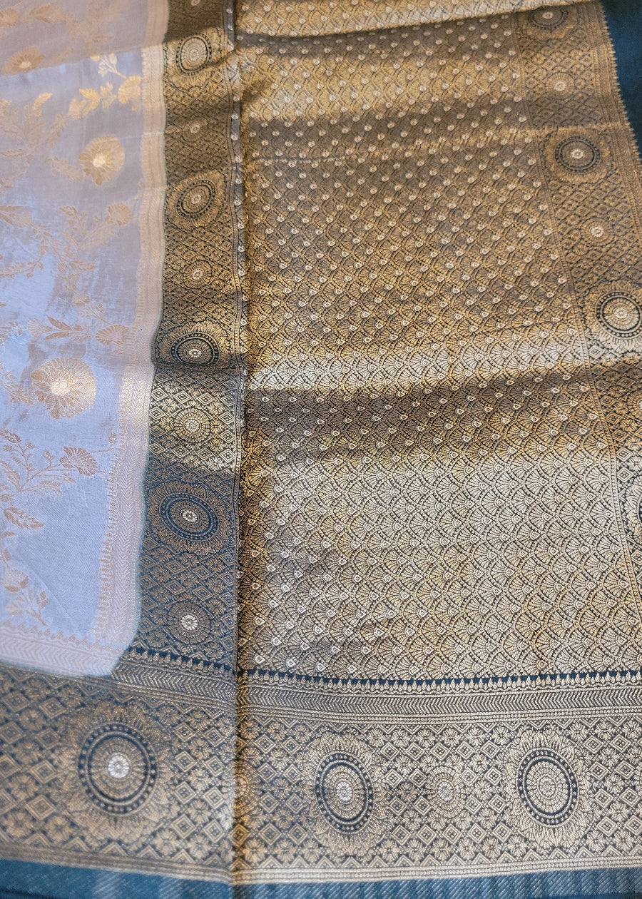 Silvery Grey And Bottle Green Mushru Silk Saree- Banaras