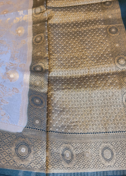 Silvery Grey And Bottle Green Mushru Silk Saree- Banaras