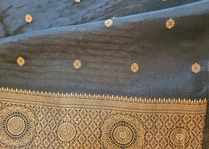 Silvery Grey And Bottle Green Mushru Silk Saree- Banaras