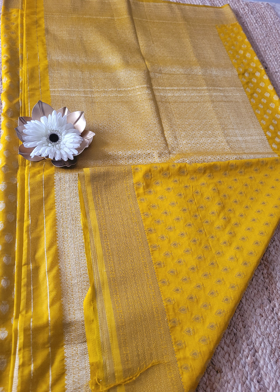 Bright Yellow Semi Georgette Saree-Banaras
