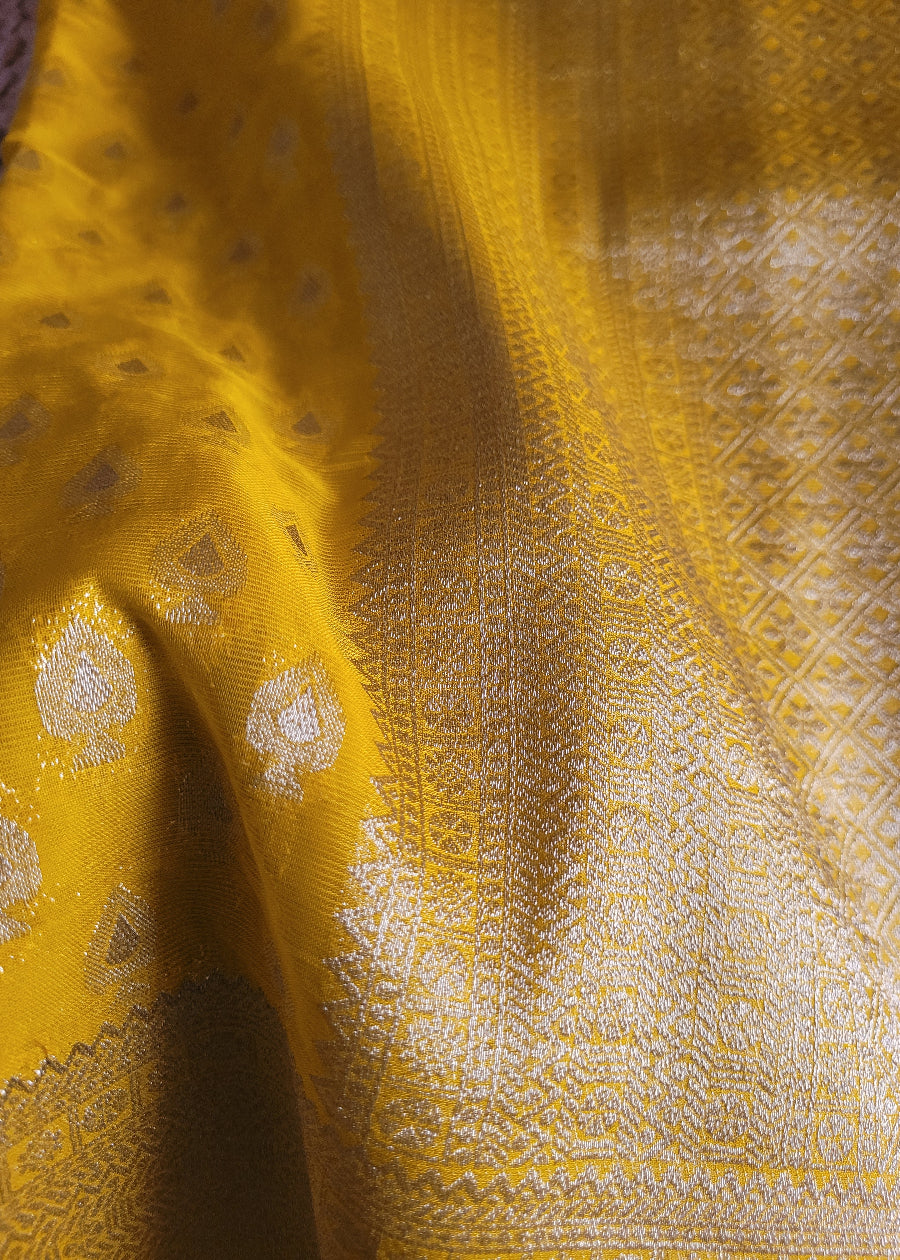 Bright Yellow Semi Georgette Saree-Banaras