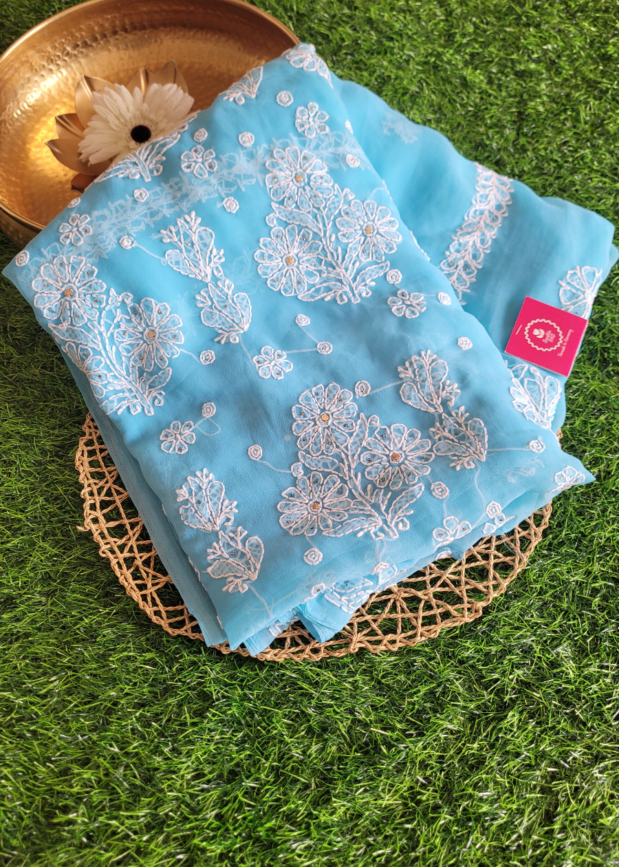 Sky Blue Georgette Chikankari Saree With Mukesh Work-UP