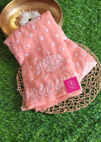 Peach Chikankari Georgette Saree-UP