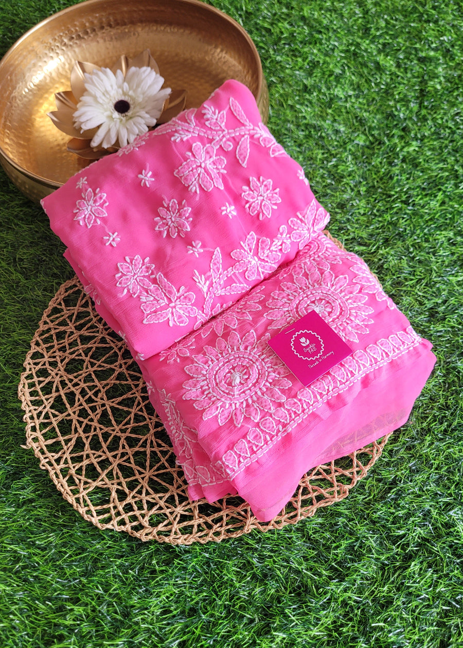 Pink Georgette Chikankari Saree- UP