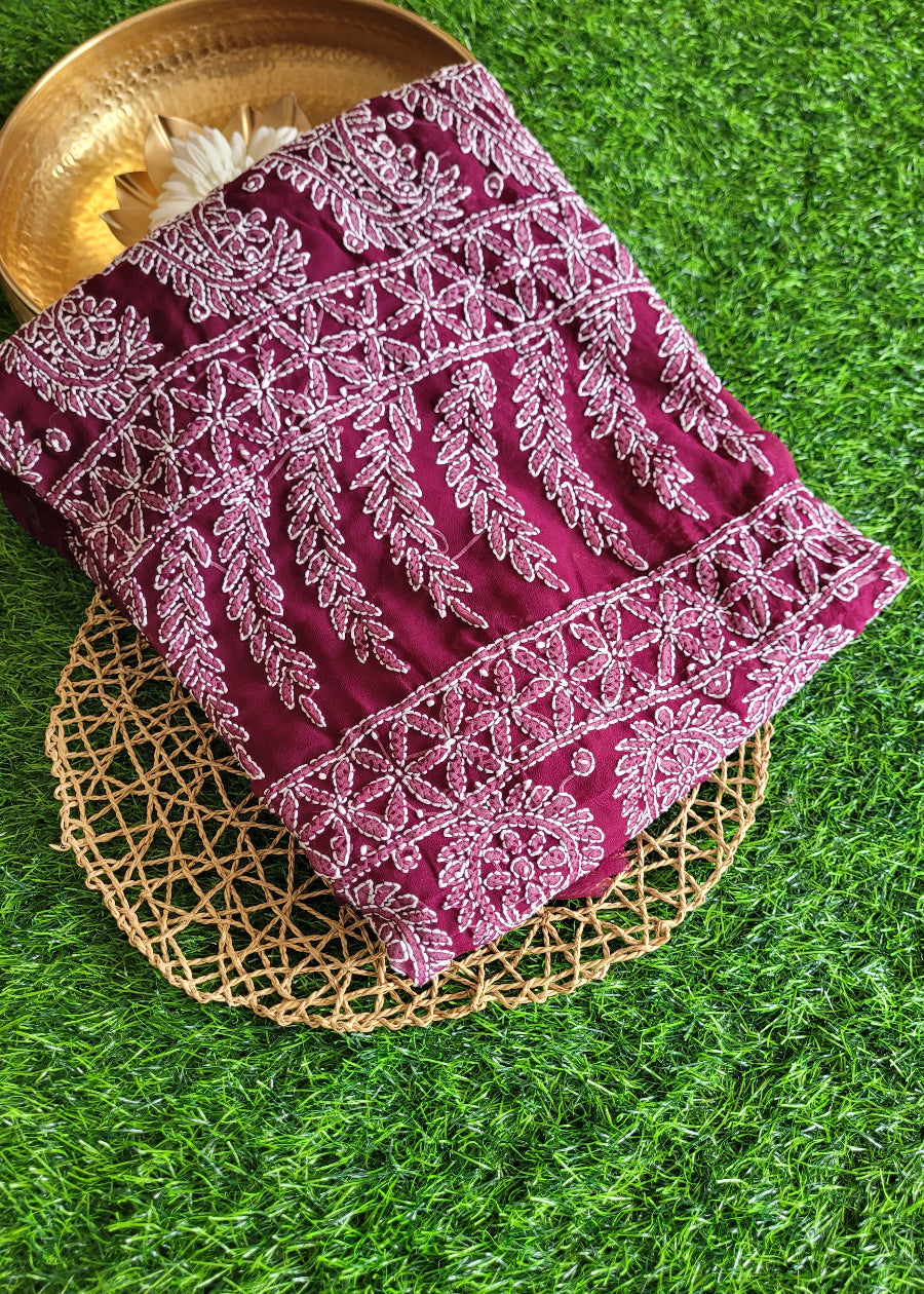Wine Colour Georgette Chikankari Saree- UP