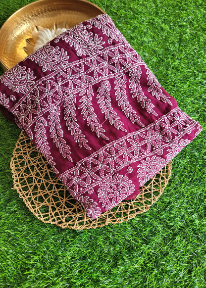 Wine Colour Georgette Chikankari Saree- UP