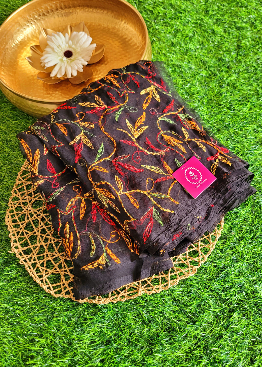 Black Georgette Chikankari Saree-UP