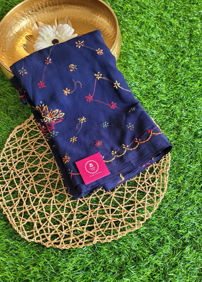 Navy Blue Chiffon Chikankari Saree- UP