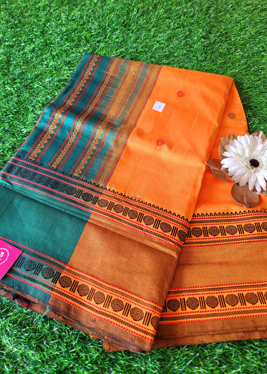 Mango Colour And Green Silk Cotton Saree- TN