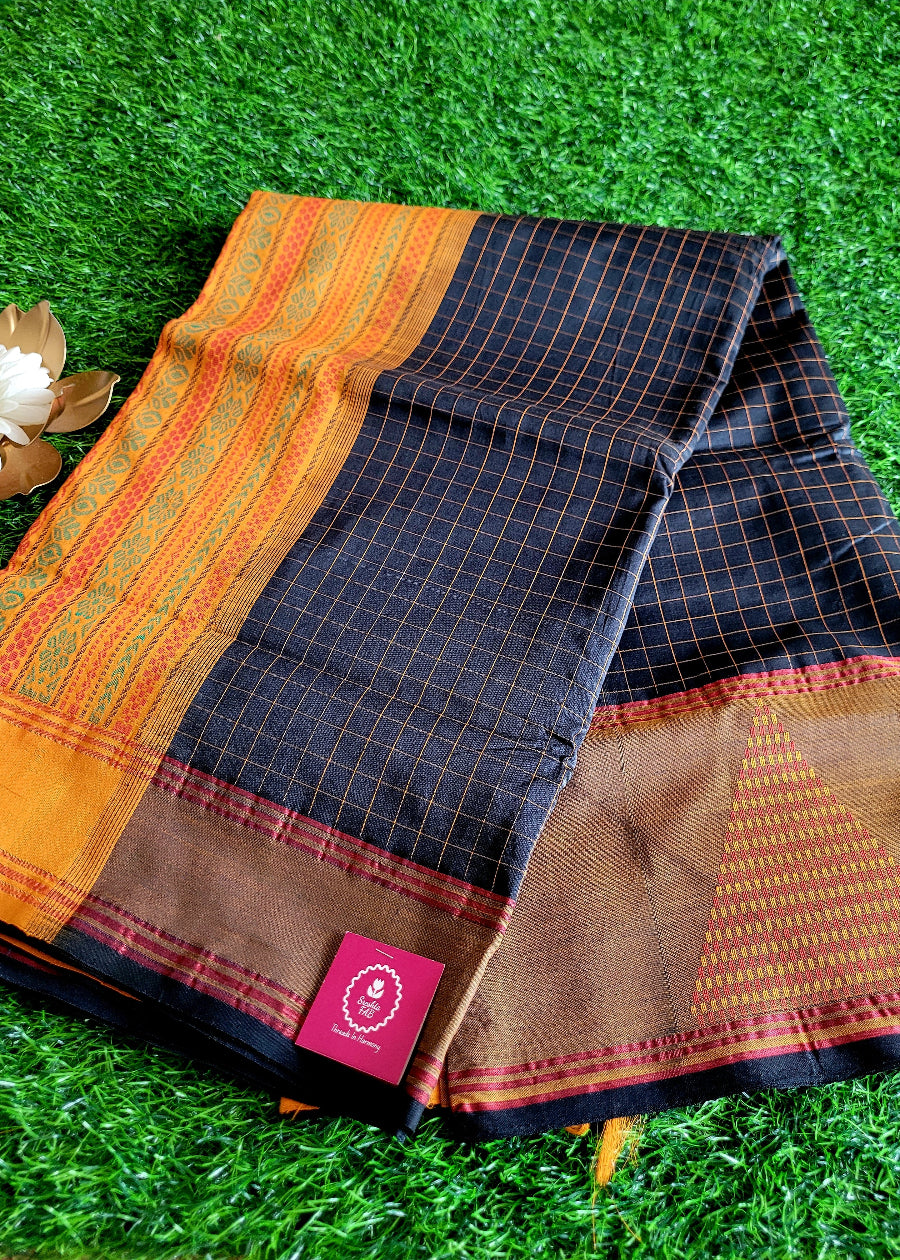 Check Design Black And Yellow Silk Cotton Saree-TN