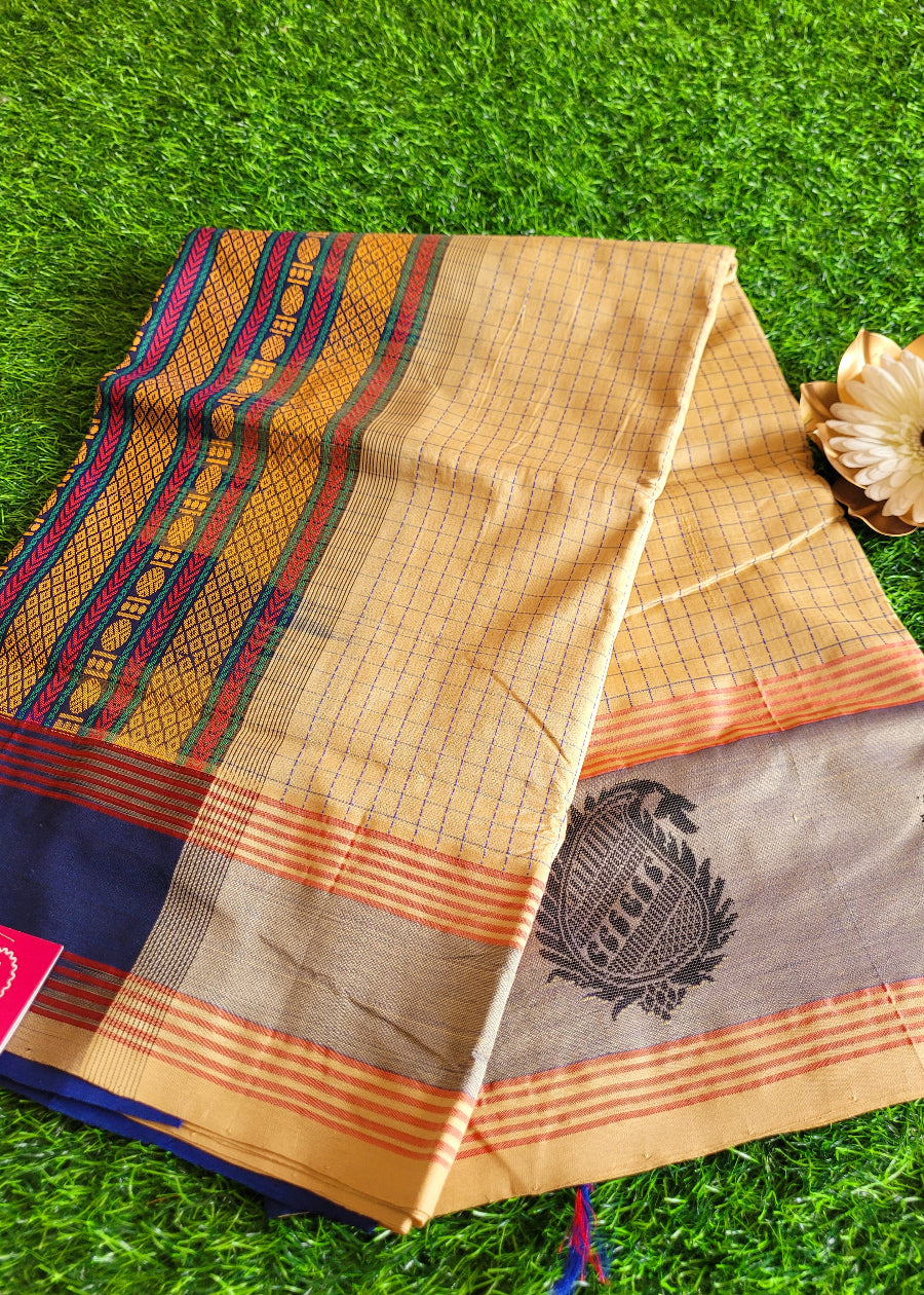 Checked Design Beige And Blue Silk Cotton Saree- TN