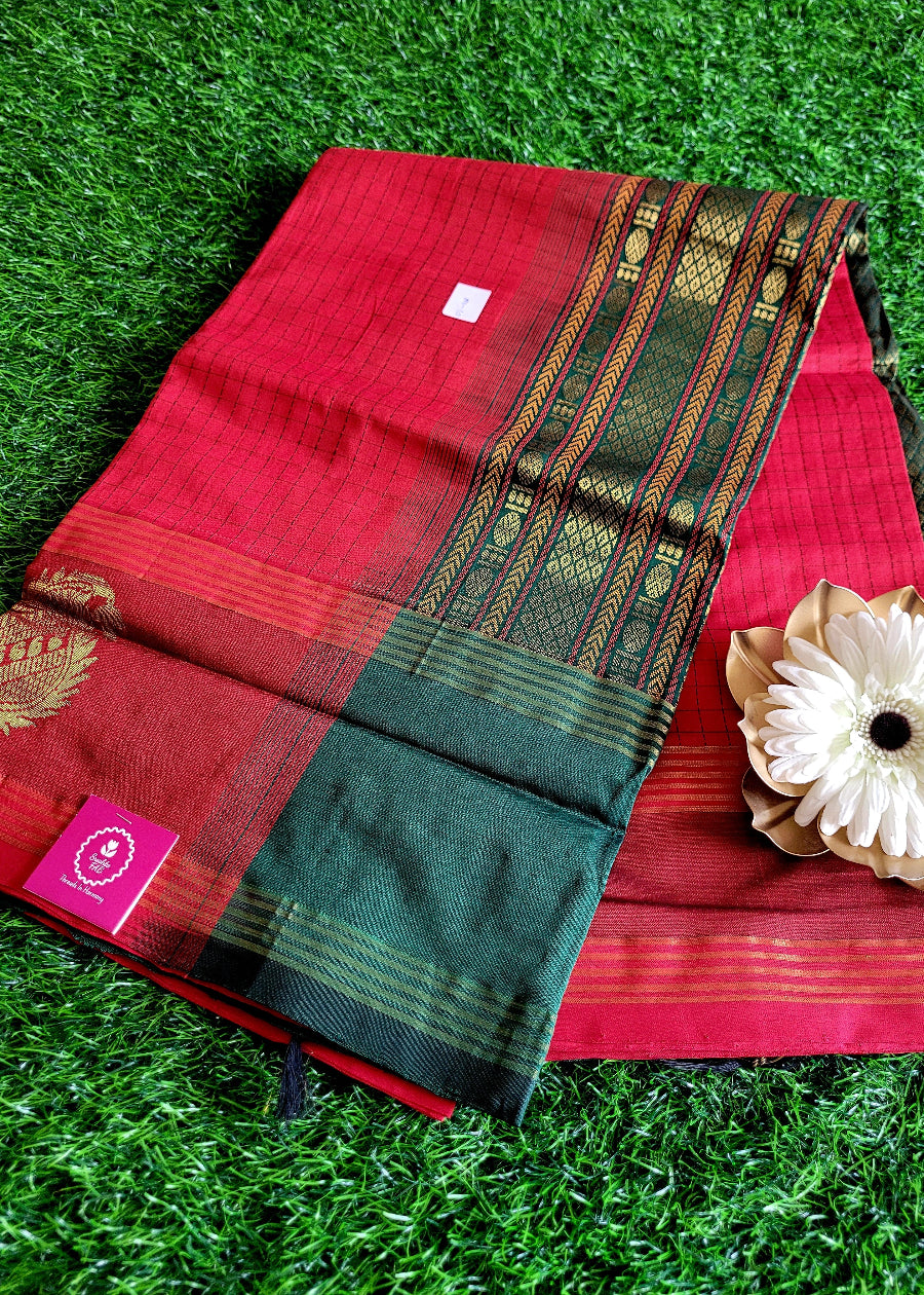 Check Design Red And Green Silk Cotton Saree-TN