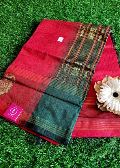 Check Design Red And Green Silk Cotton Saree-TN