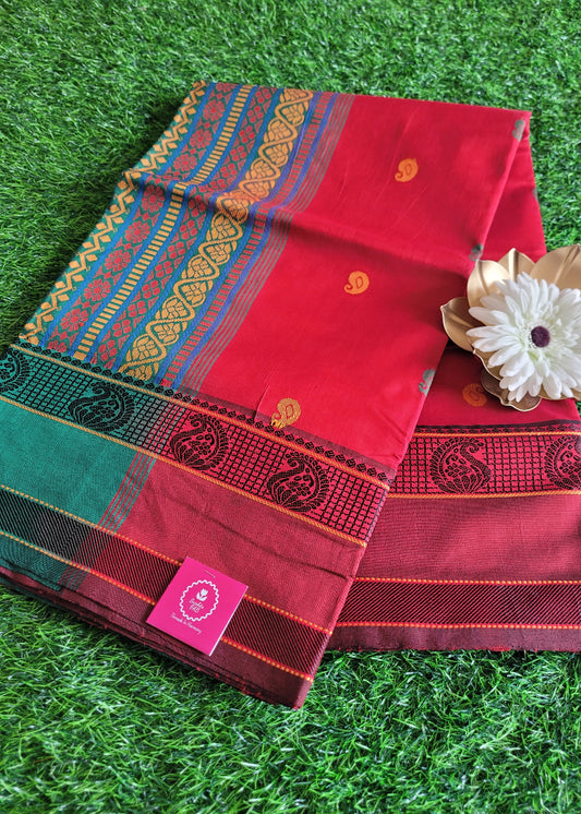 Red And Green SIlk Cotton Saree With Thread Work- TN