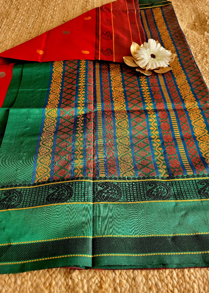 Red And Green SIlk Cotton Saree With Thread Work- TN