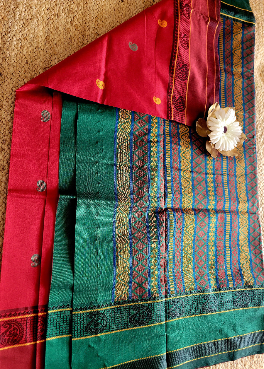 Red And Green SIlk Cotton Saree With Thread Work- TN