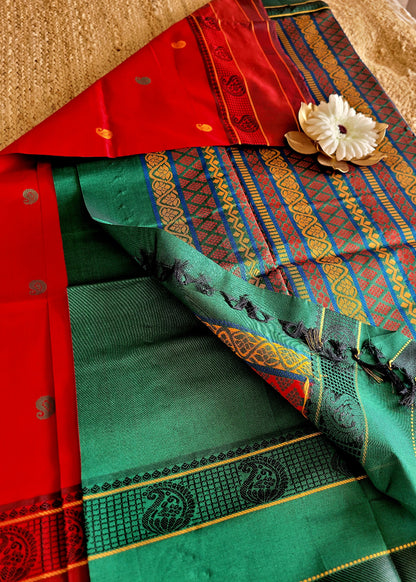 Red And Green SIlk Cotton Saree With Thread Work- TN