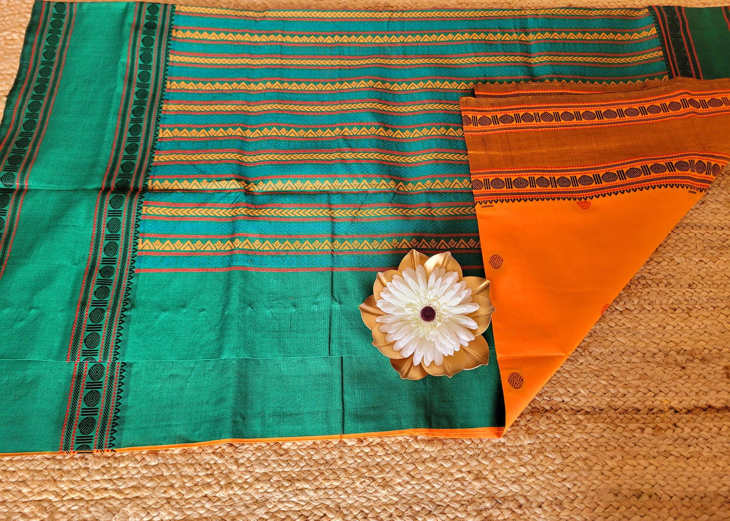 Mango Colour And Green Silk Cotton Saree- TN