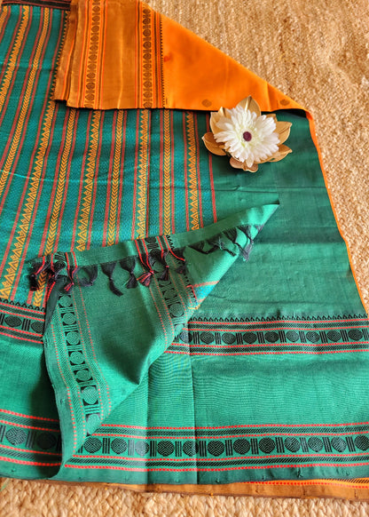 Mango Colour And Green Silk Cotton Saree- TN