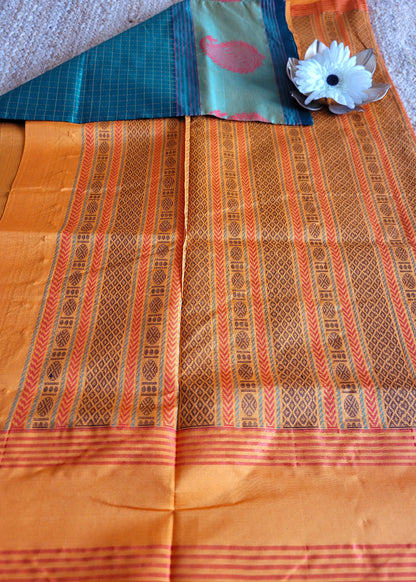 Check Design Green And Mango Colour Silk Cotton Saree-TN