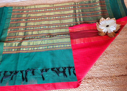 Check Design Red And Green Silk Cotton Saree-TN