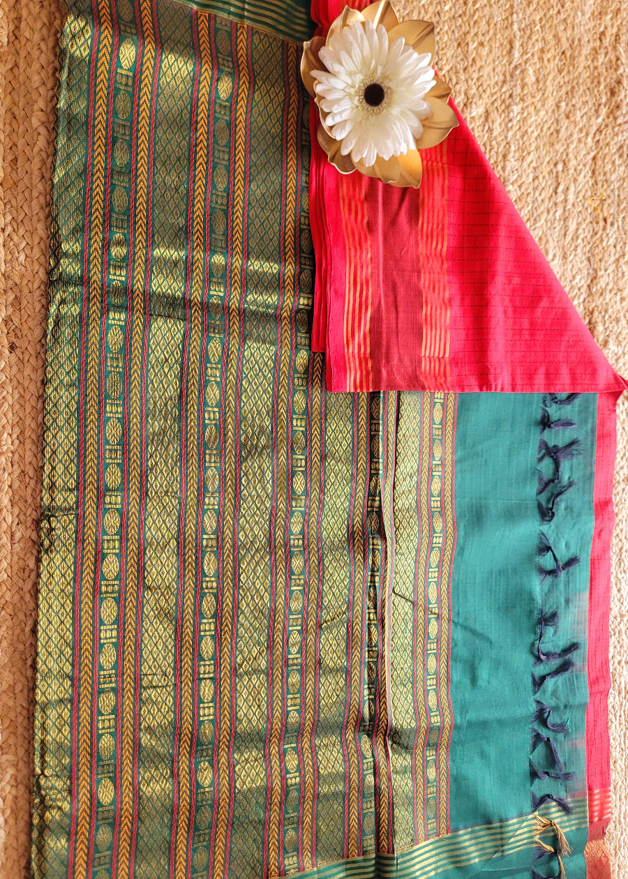 Check Design Red And Green Silk Cotton Saree-TN