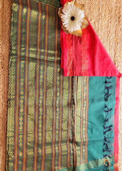 Check Design Red And Green Silk Cotton Saree-TN