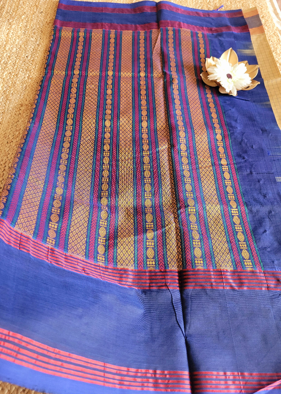 Checked Design Beige And Blue Silk Cotton Saree- TN