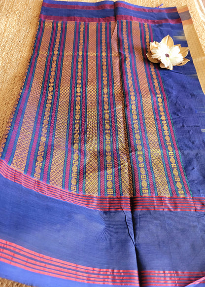 Checked Design Beige And Blue Silk Cotton Saree- TN