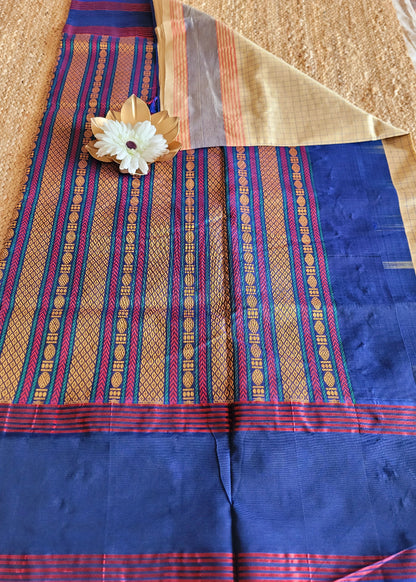 Checked Design Beige And Blue Silk Cotton Saree- TN